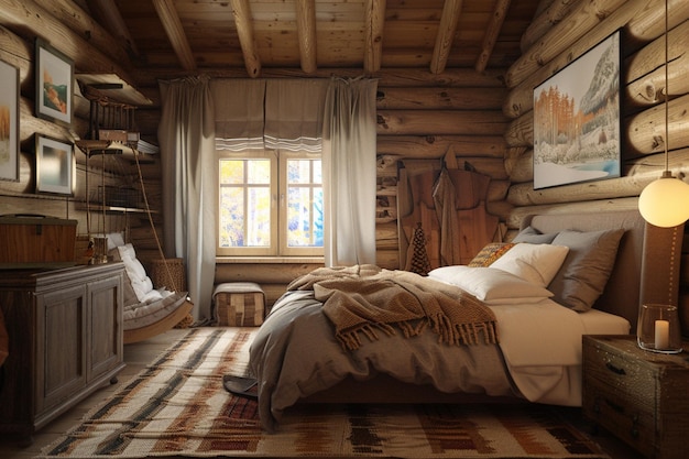 Acogedor dormitorio temático con decoración de cabaña de madera octa
