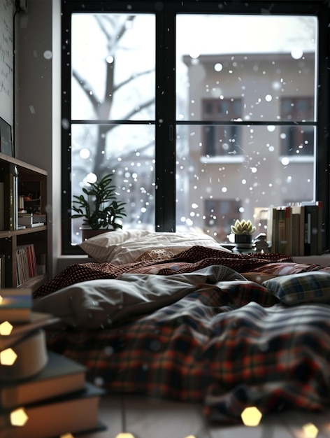 Acogedor dormitorio con ventana nieve cayendo fuera libros cómoda cama y cuadros