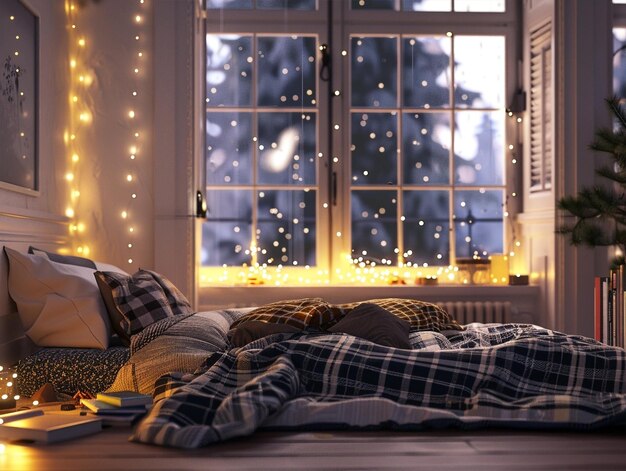 Foto acogedor dormitorio con ventana nieve cayendo fuera libros cómoda cama y cuadros