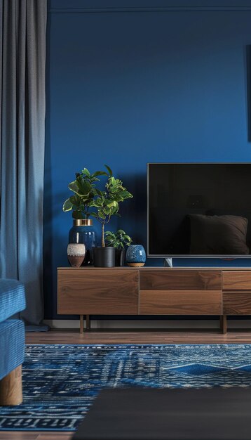 Acogedor elegancia gabinete de televisión azul profundo sala de estar