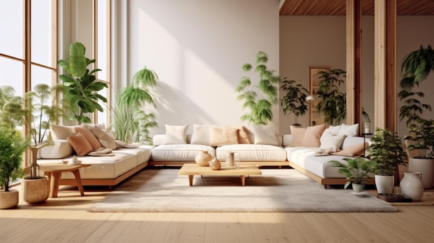 Acogedor y elegante estilo boho interior de la sala de estar en colores naturales Cómodo sofá con cojines y tela escocesa muchas plantas de interior mesa de café de madera alfombra vintage decoración del hogar renderizado 3D