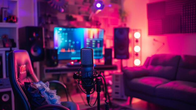 Foto un acogedor y elegante estudio de música en casa con luces de neón rosas y azules