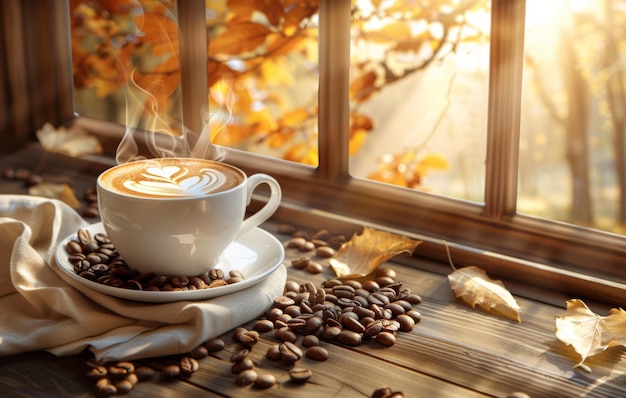 Un acogedor entorno de otoño presenta una taza de latte humeante con arte de latte rodeado de granos de café una bufanda cálida y hojas vibrantes