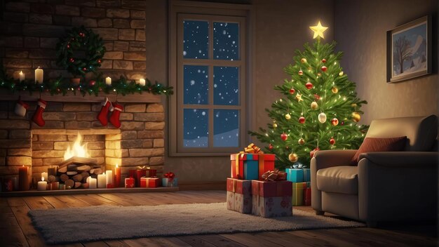 Un acogedor escenario navideño con regalos de árbol y una chimenea encendida