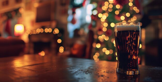 Acogedor escenario navideño con vaso de cerveza oscura junto al árbol espumoso