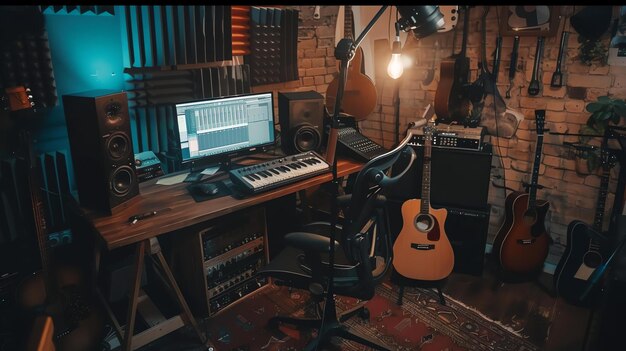 Foto acogedor estudio de música en casa con guitarras de pared de ladrillo y equipo de audio perfecto para crear y grabar música