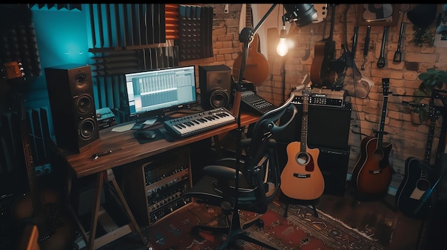 Acogedor estudio de música en casa con guitarras de pared de ladrillo y equipo de audio perfecto para crear y grabar música