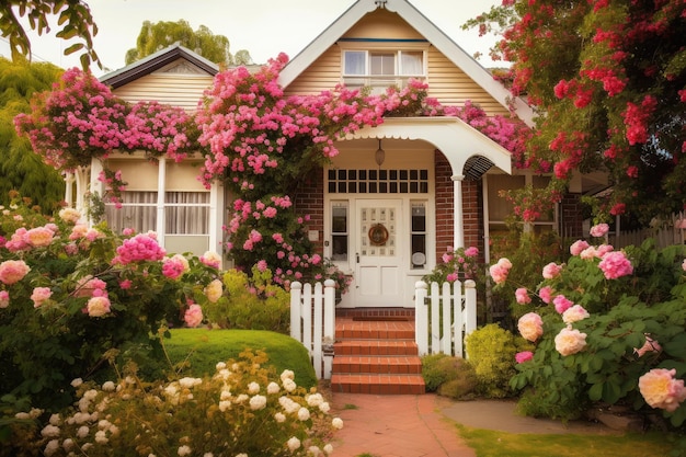 Acogedor exterior de la casa con exuberante vegetación y hermosas flores florecientes