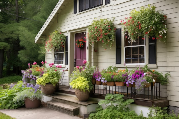 Acogedor exterior de la casa con jardineras y cestas colgantes que dan color al porche delantero