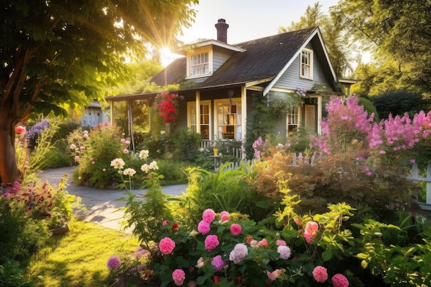 Acogedor exterior de la casa con patio soleado y jardín de flores vibrantes