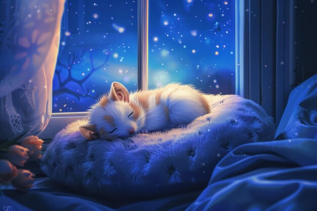 Acogedor hámster de dibujos animados durmiendo en una cama esponjosa bajo el cielo estrellado de la noche