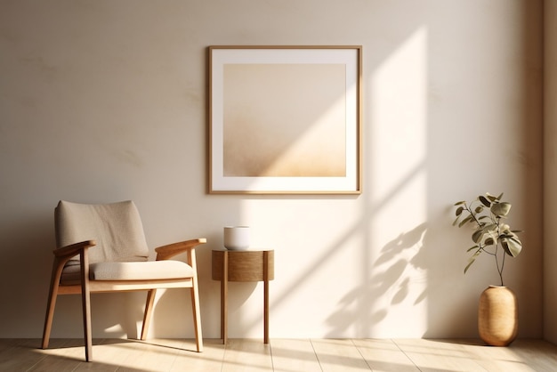 Acogedor interior beige de la sala de estar con plantilla de marco de póster simulado en una cómoda silla de madera de pared