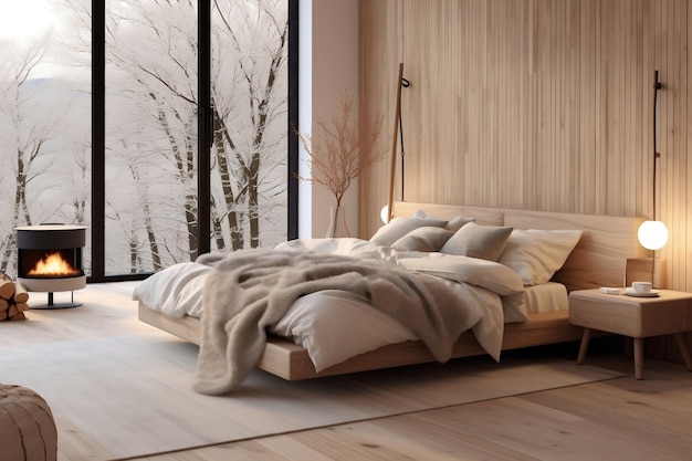 Acogedor interior de dormitorio de estilo escandinavo en madera beige Ai