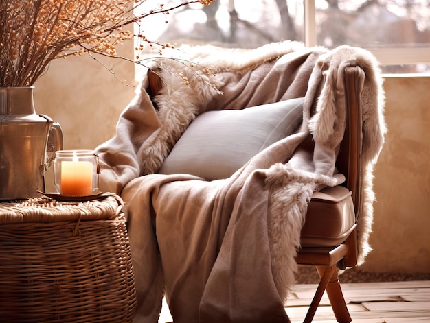 Acogedor interior de invierno con mantas tejidas y almohadas, casa de campo de vacaciones en leña caliente