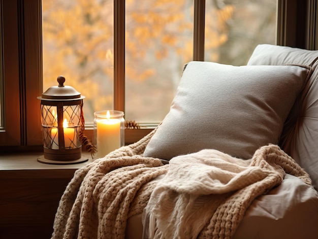 Acogedor interior de invierno con mantas tejidas y almohadas, casa de campo de vacaciones en leña caliente