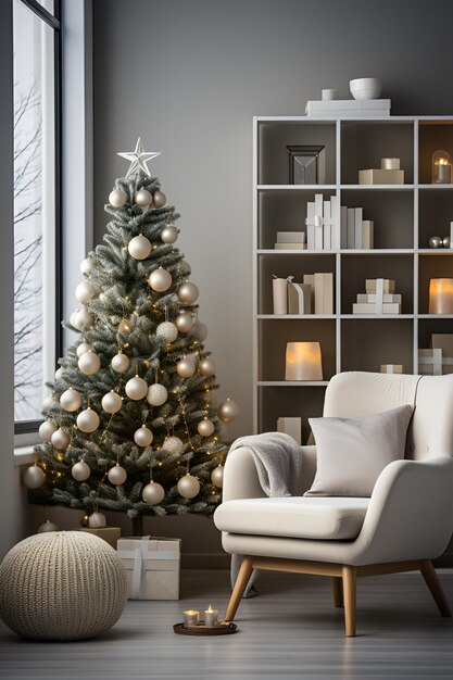 Acogedor interior navideño con un armario con sillas y un árbol de Navidad cerca de la ventana