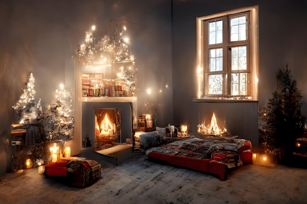 Acogedor interior navideño doméstico con velas en la cama de la ventana y arte generado por la red neuronal de la chimenea