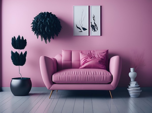 Acogedor interior de sala de estar moderno con sillón rosa ai generativo