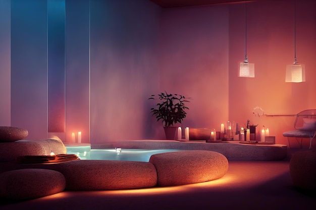 Acogedor interior de spa en tonos rosas con iluminación suave Ilustración 3D Ai render