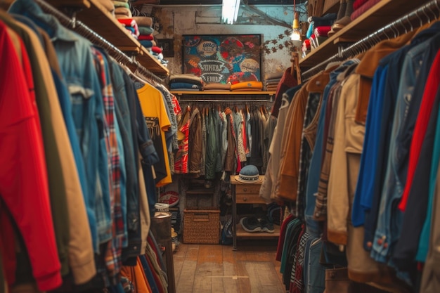 Acogedor interior de la tienda de ropa vintage con una amplia selección de artículos de moda