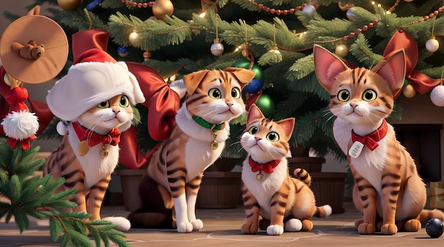 El acogedor lugar navideño para gatos junto al árbol