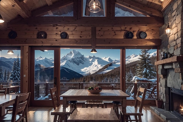 Acogedor Mountain Lodge Comedor Chimenea de piedra Vigas de madera y vistas alpinas
