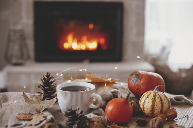 Acogedor otoño Cálida taza de té calabazas hojas de otoño conos bufanda acogedora en una mesa de madera rústica en el fondo de la chimenea en una casa de campo Caída cómoda en una casa rural Feliz Día de Acción de Gracias