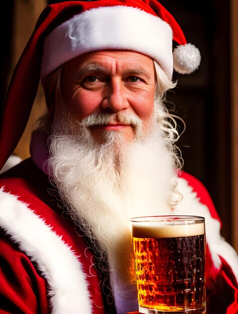 El acogedor Papá Noel disfruta de una cerveza en un primer plano extremo. Entorno oscuro. Generación de IA generada.