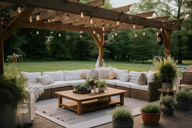 Acogedor patio al aire libre con asientos cómodos y luces de cuerda