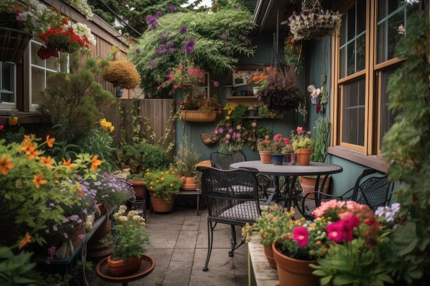 Acogedor patio al aire libre con coloridas flores florecientes en el jardín y comedero para colibríes