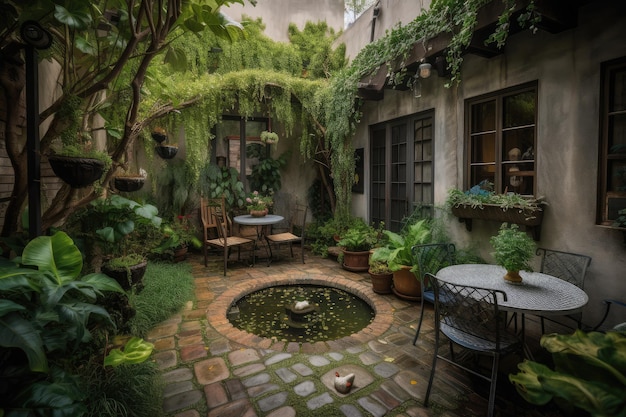 Un acogedor patio rodeado de vegetación y un hilo de agua