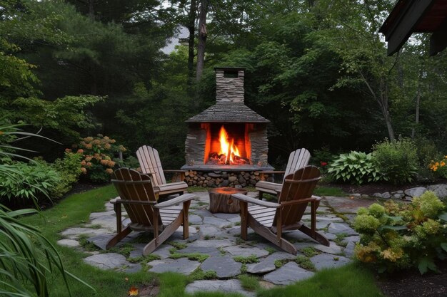 Acogedor patio trasero chimenea sillas de madera Generar Ai