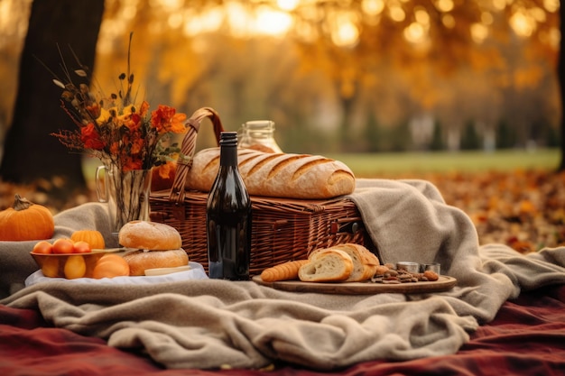 Acogedor picnic de otoño en el parque con sándwiches y una manta a cuadros Ilustración generativa de IA