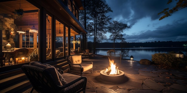 acogedor porche trasero con fogata y tranquila vista al lago por la noche con nubes y luna llena en el cielo