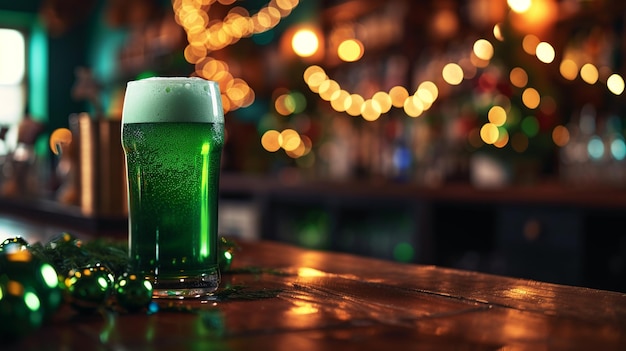 Acogedor pub irlandés Día de San Patricio Con fondo con cerveza verde