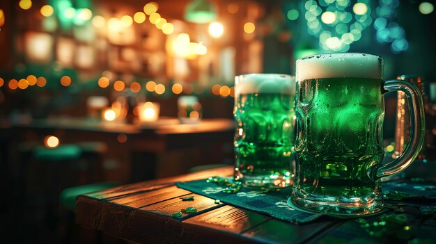 Acogedor pub irlandés Día de San Patricio Con fondo con cerveza verde