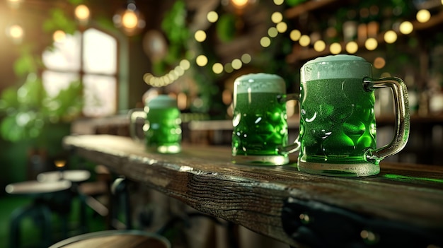 Acogedor pub irlandés Día de San Patricio Con fondo con cerveza verde