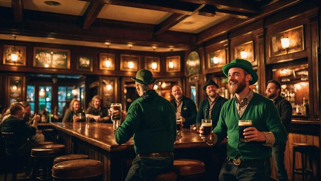 Un acogedor pub irlandés lleno de clientes haciendo sonar vasos de Guinness espumoso mientras un tradicional irlandés