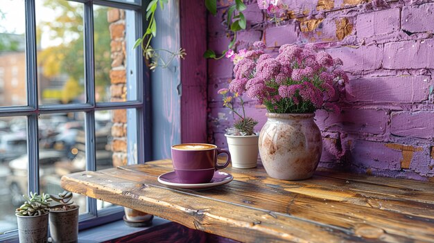 Un acogedor rincón de café con estética púrpura y flores frescas