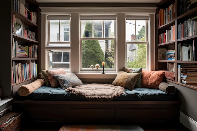 Acogedor rincón de lectura con asiento acolchado junto a la ventana, mantas suaves y una pila de libros