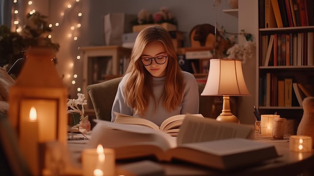 Acogedor rincón de lectura Chica leyendo junto a la luz de una lámpara de mesa