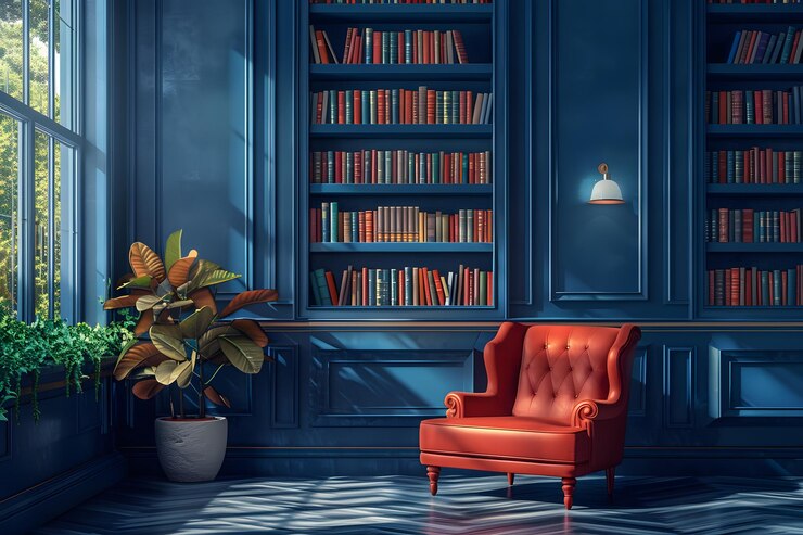 Un acogedor rincón de lectura en una elegante biblioteca azul