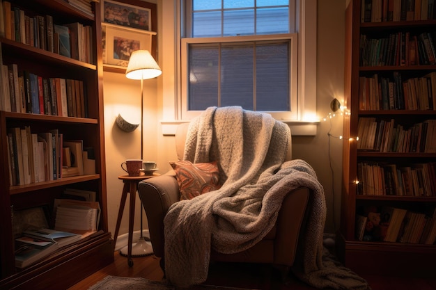 Acogedor rincón de lectura con estanterías, sillón de felpa y manta