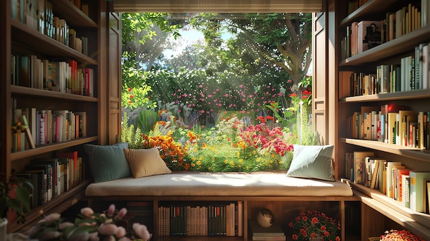 Foto un acogedor rincón de lectura con una gran ventana que da a un hermoso jardín