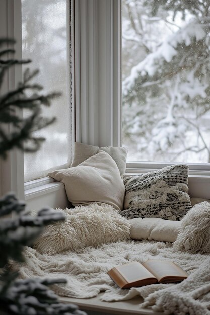 Acogedor rincón de lectura de invierno con vista nevada Generado por AI