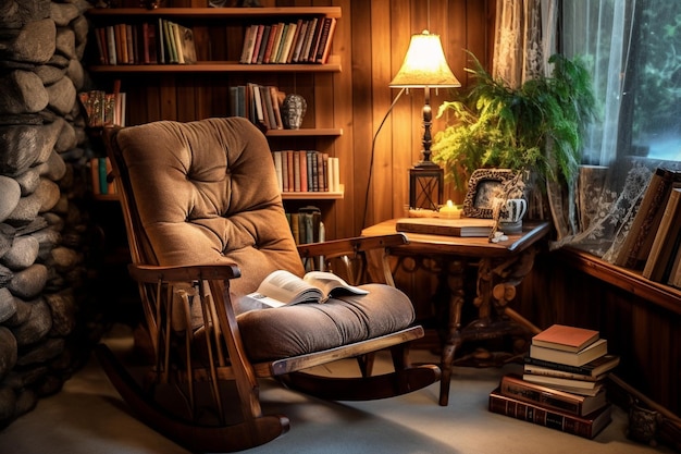 Foto acogedor rincón de lectura con una mecedora, una mesa auxiliar vintage y una estantería llena de