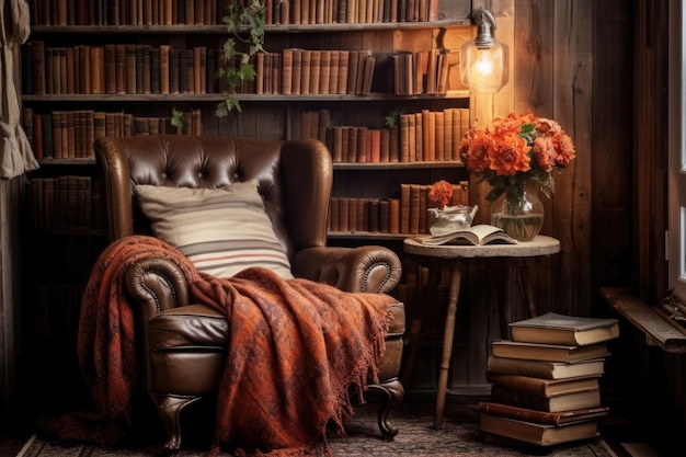 Foto un acogedor rincón de lectura con un sillón vintage y libros apilados