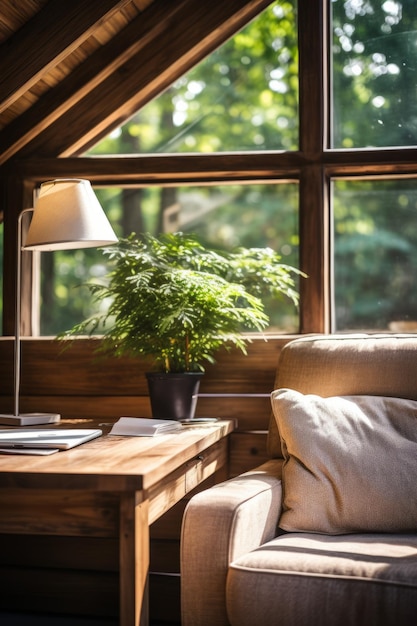 Un acogedor rincón de lectura con vistas al bosque