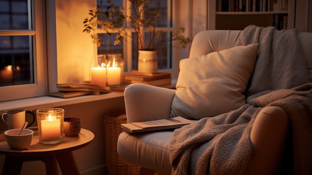 Acogedor rincón de la sala de estar iluminado por una suave luz de velas con una lujosa manta tejida en un sillón y una pila de libros