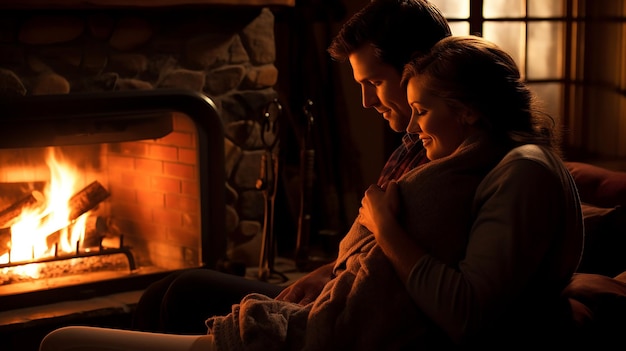 Un acogedor romance junto a la chimenea Una pareja disfrutando del calor de la luz del fuego